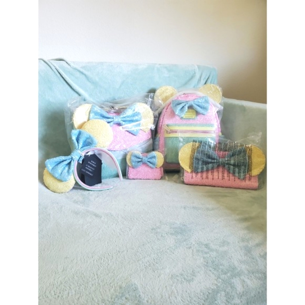 Disney Loungefly Pastel Sequin Backpack, Purse,  Wallet, Clutch Set Barbiecore